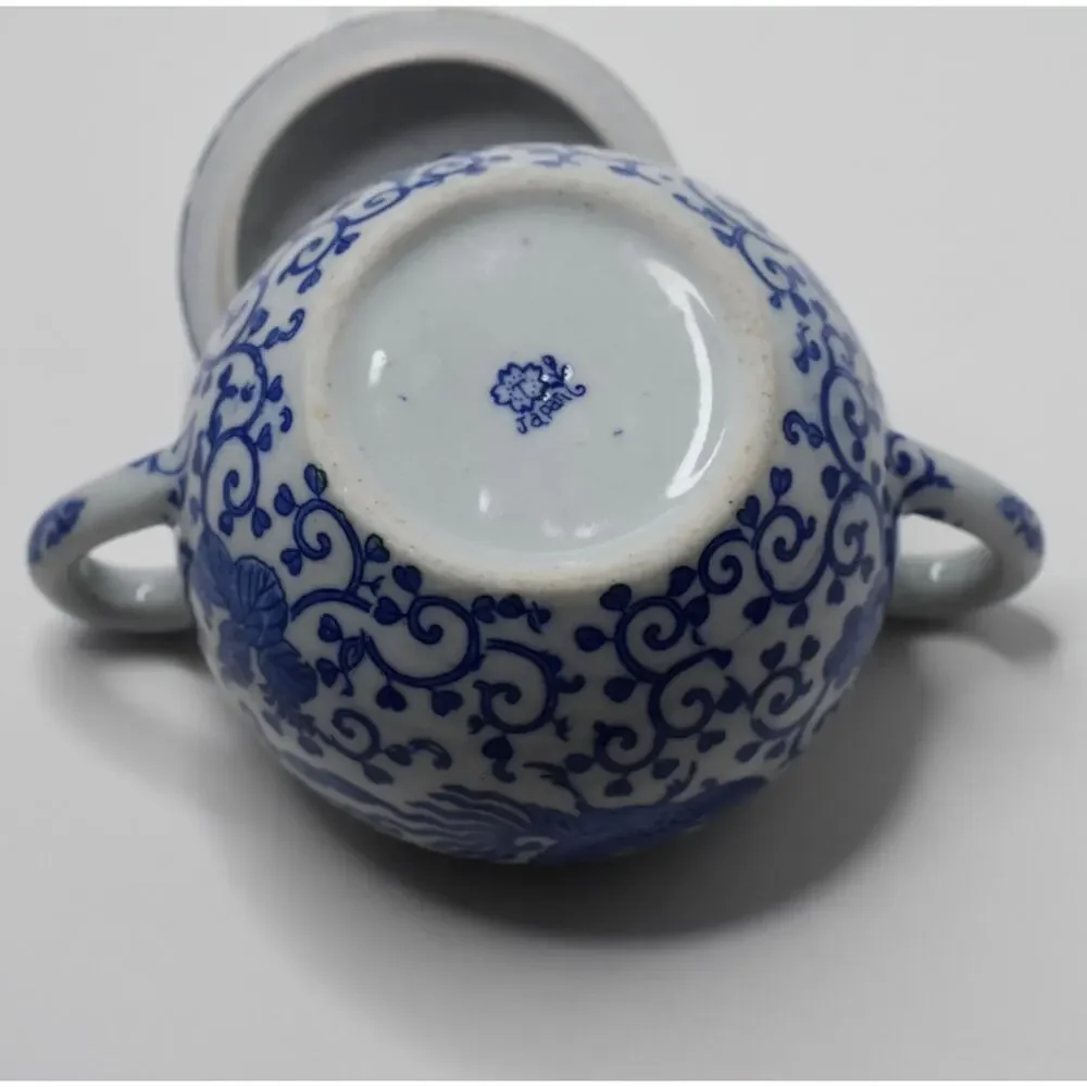 Vintage Blue & White Phoenix Fine Porcelain Sugar Lidded Bowl Japan